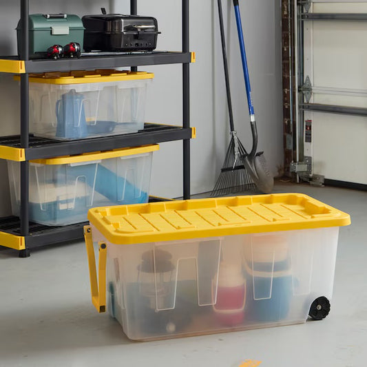 HDX 40 Gal. Tough Storage Tote with Wheels and Handle in Clear and Yellow
