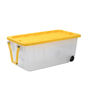 HDX 40 Gal. Tough Storage Tote with Wheels and Handle in Clear and Yellow